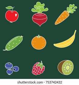 Hand drawn vector set of cartoon of vegan food. Could be used for poster, printer, book, paper, textile.