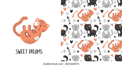 Hand drawn vector set of cats. Cartoon illustration in pastel colors. Seamless pattern with cute cats.Different characters. Nursery vector hand-drawn illustration in simple Scandinavian style.