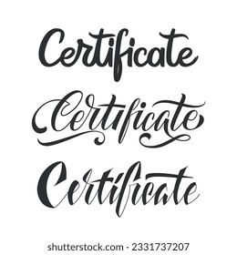 Certificado de conjunto de vectores dibujado a mano. Tres letras caligráficas escritas a mano sobre un fondo blanco. La plantilla de serie se utiliza en el certificado de apreciación. Tarjeta de regalo.