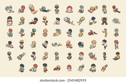 hand drawn vector set of children reading a book illustration isolated on white background.