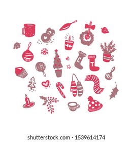 Hand drawn vector set of christmas decoration. Cute christmas stuff for cards and wrapping paper. Christmas mood.