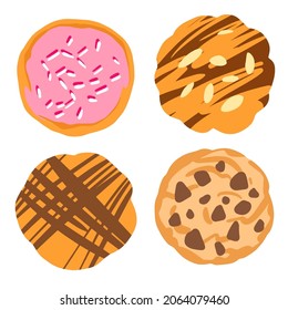Juego de vectores dibujado a mano de galletas de navidad. Colorida ilustración de postres festivos y de año nuevo aislados en fondo blanco.