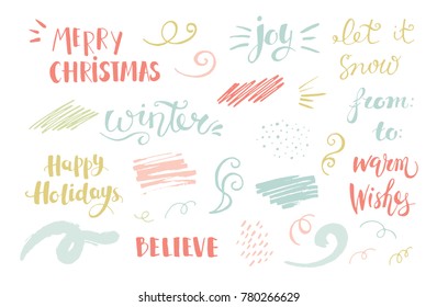 Hand drawn vector set. Christmas winter lettering and decorative elements