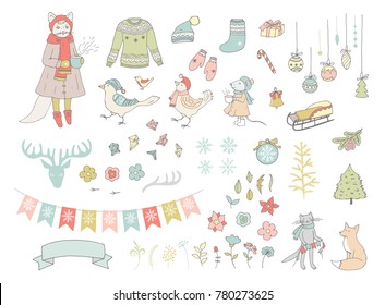 Hand drawn vector set. Christmas winter illustrations and decorative elements