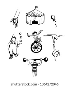 Hand drawn vector set of circus doodles. Cute cartoon circus characters for design or prints.