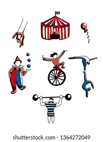 Hand drawn vector set of circus doodles. Cute cartoon circus characters for design or prints.