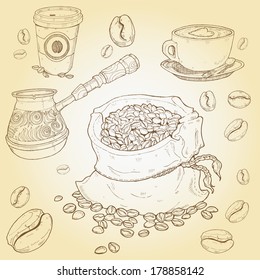 Hand drawn vector set of coffee elements