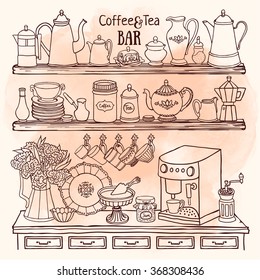 Hand drawn vector set of  coffee and tea bar. Sketch of pots, cups, coffee machine in the cupboard. Doodle illustration of dishes on the shelves