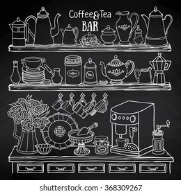Hand drawn vector set of  coffee and tea bar. Black and white sketch of pots, cups, coffee machine in the cupboard. Doodle illustration of dishes on the shelves on the blackboard