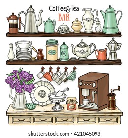 Hand drawn vector set of  coffee and tea bar. Pastel colors sketch of pots, cups, coffee machine in the cupboard. Doodle illustration of dishes on the shelves