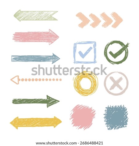 Hand drawn vector set of colorful sketch arrows, check marks, circles and abstract brush shapes in pastel tones, doodle style infographic design elements for creative presentation templates