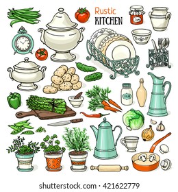Hand drawn vector set of country kitchen. Pastel color sketch of  dishes and vegetable on the table. Doodle illustration of homemade cooking 