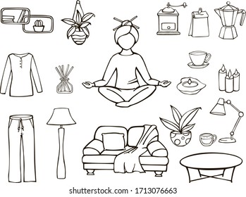 Hand drawn, vector set, Covid-19, stay at home, work at home. Protection from a pandemic. Icons, women, home elements, on an isolated background.