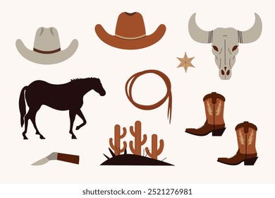 Hand drawn vector set with cowboy wild west theme elements on isolated background. Flat illustration with horse, cowboy hat, boots, cacti, knife, sheriff badge, bull head, lasso whip. Design icons