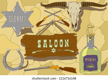 Hand drawn vector set for cowboy.Everything you need to live in the Wild West. Vector illustration.