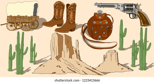 Hand drawn vector set for cowboy.Everything you need to live in the Wild West. Vector illustration.