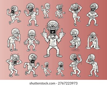 Hand drawn vector set of crazy zombie characters with various facial expressions and body poses. Funny undead monster collection in cartoon line art style for Halloween design.
