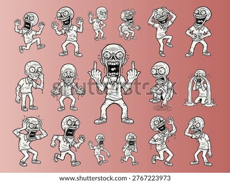 Hand drawn vector set of crazy zombie characters with various facial expressions and body poses. Funny undead monster collection in cartoon line art style for Halloween design.