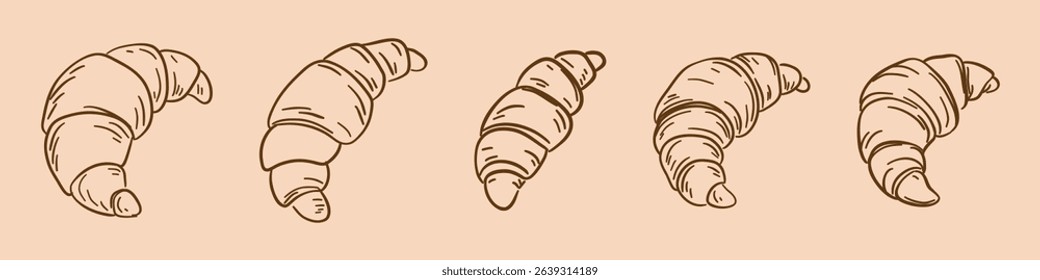 Hand drawn vector set of croissants in different shapes and angles. Linear bakery sketch on beige background, perfect for pastry design.