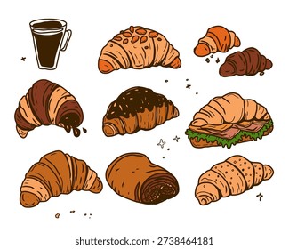 Hand drawn vector set of croissants and coffee perfect for invitations, menus, parties. La dolce vita minimalist line art for poster, placard, print, card.