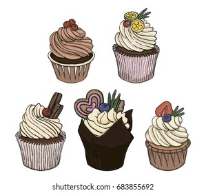 Hand drawn vector set of cupcakes with cream and berries isolated on white background