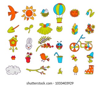 Hand drawn vector set with cute spring doodle elements. Illustration with birds, flowers, bicycle and assesories in doodle style. Design for prints, scrap booking. Vector illustration