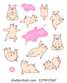 Hand drawn vector set of cute pigs doing yoga asanas