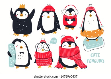 Hand drawn vector set of cute funny various penguins. Different clothing, various poses. Colored trendy illustration. Flat design. All elements are isolated