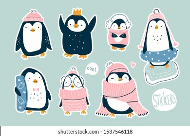 Hand drawn vector set of cute funny various penguins. Different clothing, various poses. Colored trendy illustration. Flat design. All elements are isolated. Pre-made stickers