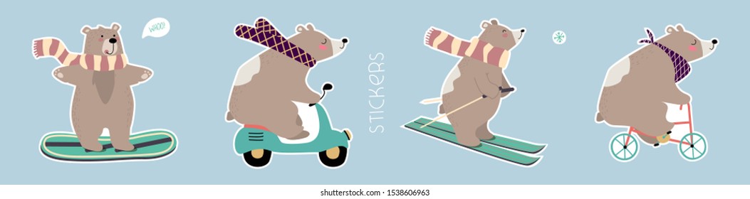 Hand drawn vector set of cute funny bears. Pre-made stickers. Eps 10.