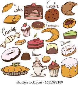 Hand drawn vector set of cute dessert elements. Colorful clipart isolated on white background. Design for greeting cards, scrapbooking, textile, wrapping paper, cafe or restaurant menu, invitations.