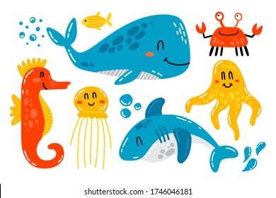 Hand Drawn Vector Set Of Cute Sea Animals. Whale, Shark, Crab, Octopus, Jellyfish And Seahorse Friendly Characters.