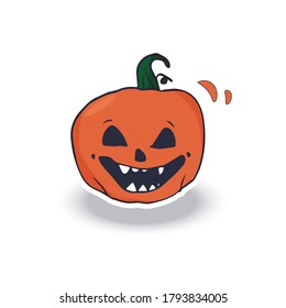 Hand drawn vector set of cute halloween pumpkins with different funny faces sticker. Autumn holidays. Creepy and spooky elements for halloween decorations. Vector illustration flat style design.