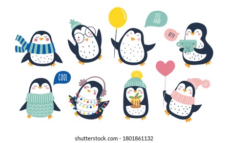 Hand drawn vector set of cute funny penguins. Trendy colored cartoon illustration. Christmas cute penguin characters
