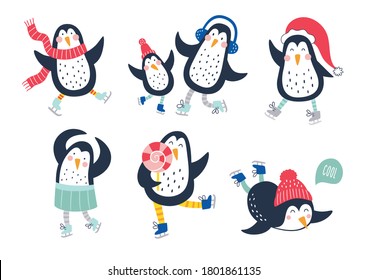 Hand drawn vector set of cute funny penguins. Trendy colored cartoon illustration. Christmas cute penguin characters
