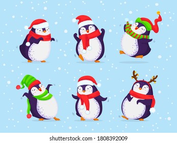 Hand drawn vector set of cute dancing penguins. Different clothing and santa hats, various poses. Colored trendy illustration. All elements are isolated. 