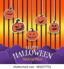 Hand drawn vector set of cute halloween pumpkins with different funny faces sticker. Autumn holidays. Creepy and spooky elements for halloween decorations. Vector illustration flat style design elemen