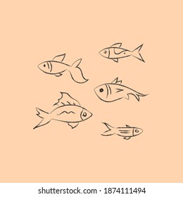 Hand drawn vector set of cute fish