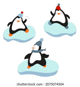 Hand drawn vector set of cute funny various penguins. Different clothing, various poses. Colored trendy illustration. Flat design. All elements are isolated. Pre-made stickers