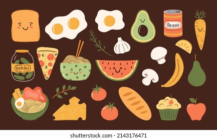 Juego de vectores dibujado a mano de elementos lindos de comida. Pan, huevos fritos, judías, aguacate, fideos, ramen, dibujos de doodle de sandía. Caracteres divertidos de las comidas. Desayuno, almuerzo y cena