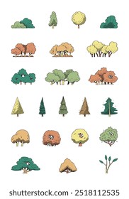 hand drawn vector set cute cartoon side view of tree illustration isolated on white background.