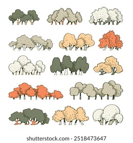 hand drawn vector set cute cartoon side view of tree illustration isolated on white background.
