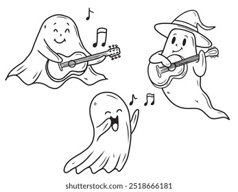 Hand drawn vector set of cute music ghosts is playing guitar singing with musical notes, in black isolated on white. Sketch illustration in doodle engraved vintage line art style. Happy Halloween