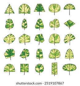 hand drawn vector set cute cartoon side view of tree illustration isolated on white background.