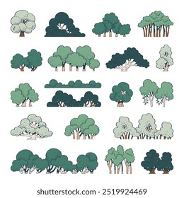 hand drawn vector set cute cartoon side view of tree illustration isolated on white background.