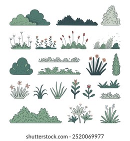 hand drawn vector set cute cartoon grass illustration isolated on white background.