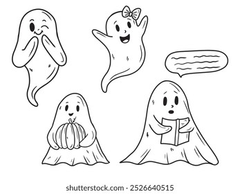 Conjunto de Vector dibujado a mano de lindos fantasmas felices con libro, lectura, sosteniendo calabaza en negro aislado en blanco. Ilustración de boceto en estilo de arte de línea vintage grabado doodle. Feliz Halloween