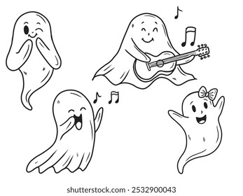 Hand drawn vector set of cute music ghosts is playing guitar singing, in black isolated on white. Sketch illustration in doodle engraved vintage line art style. Happy Halloween, mystery