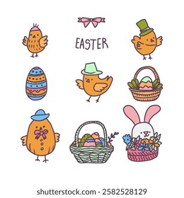 Hand drawn vector set with cute Easter characters, such as rabbit, chickens, eastern eggs, floral basket. 