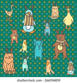 Hand drawn vector set of cute animals wearing deer horns. May be used as a greeting card, invitation, wallpaper, package, background. Elephant, bear, goose, penguin, cat, platypus, duck, flamingo.